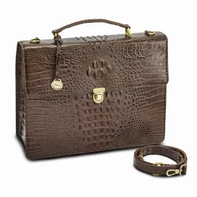 Luxury Giftware by Jere Top Grain Leather Croc Texture Brown Briefcase/Messenger Bag with Zip Pocket, Pen Pockets, Key Fob, and Detachable Shoulder Strap