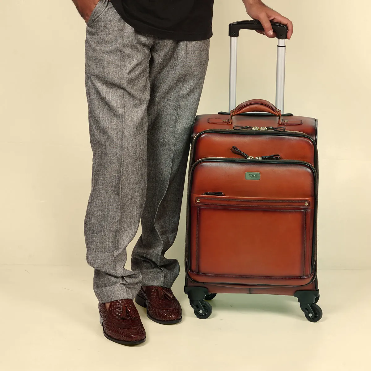 Luxury Tan Leather Spinner Luggage with Expandable Compartment Strolley Bag with Telescopic Handle by Brune & Bareskin