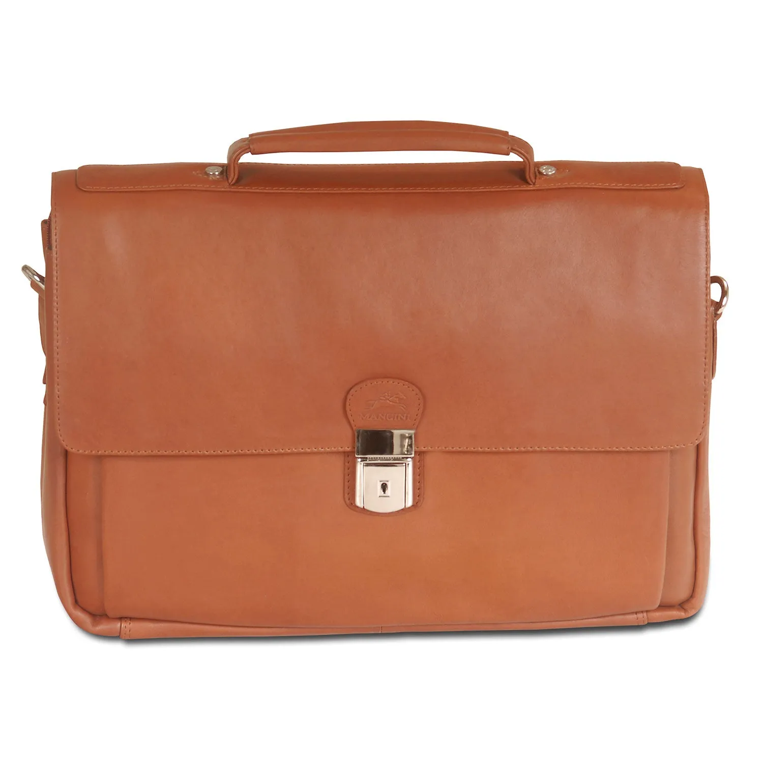 Mancini Leather Triple Compartment Flap Briefcase for 15" Laptop / Tablet, 15" x 4.25" x 10.25", Cognac