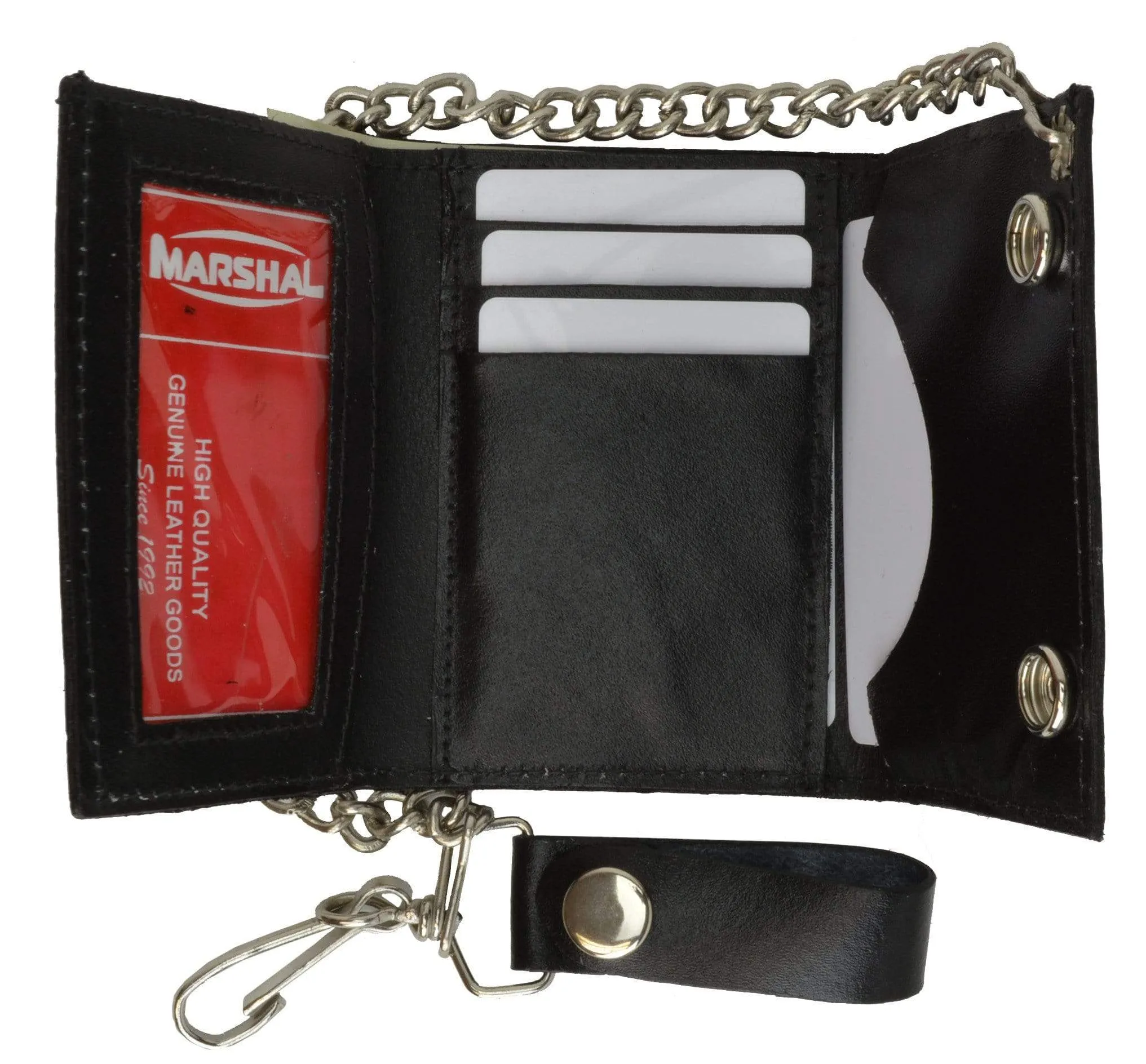 Marijuana Leaf Print Trifold Biker Wallet ID Card Holder w/ Chain Genuine Leather 1046-11 (C)