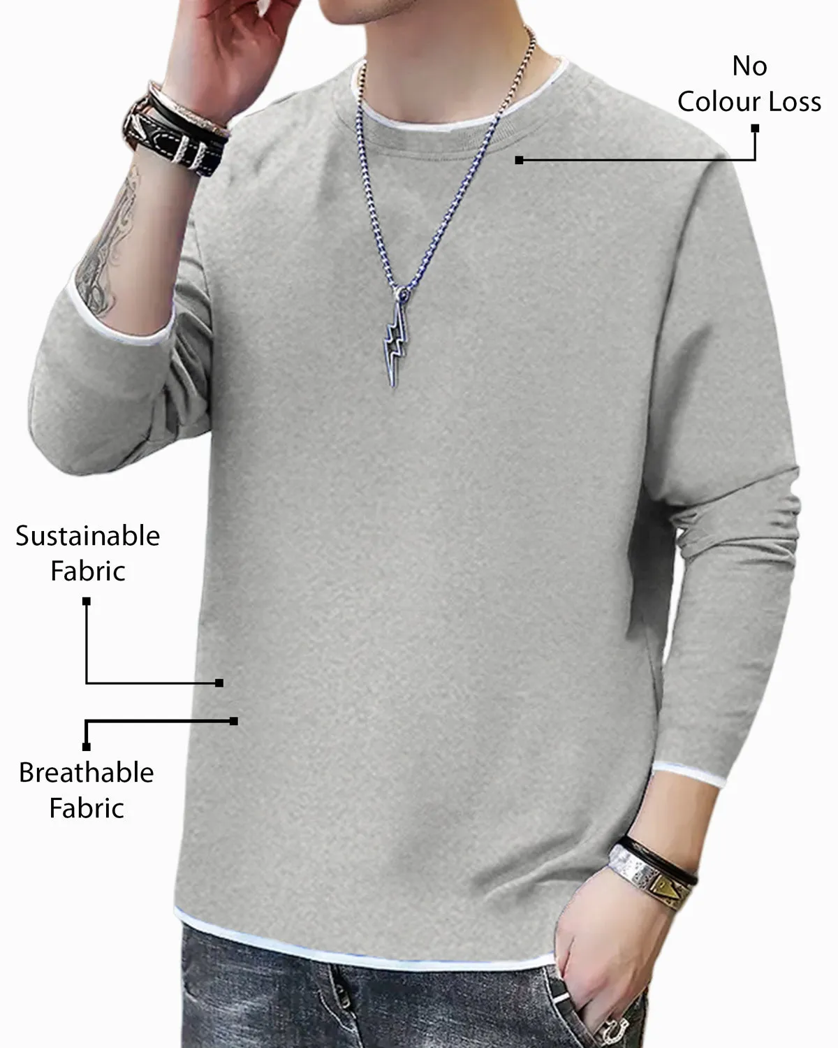 Men Plain Grey Full Sleeve White Piping Round Neck T-Shirt