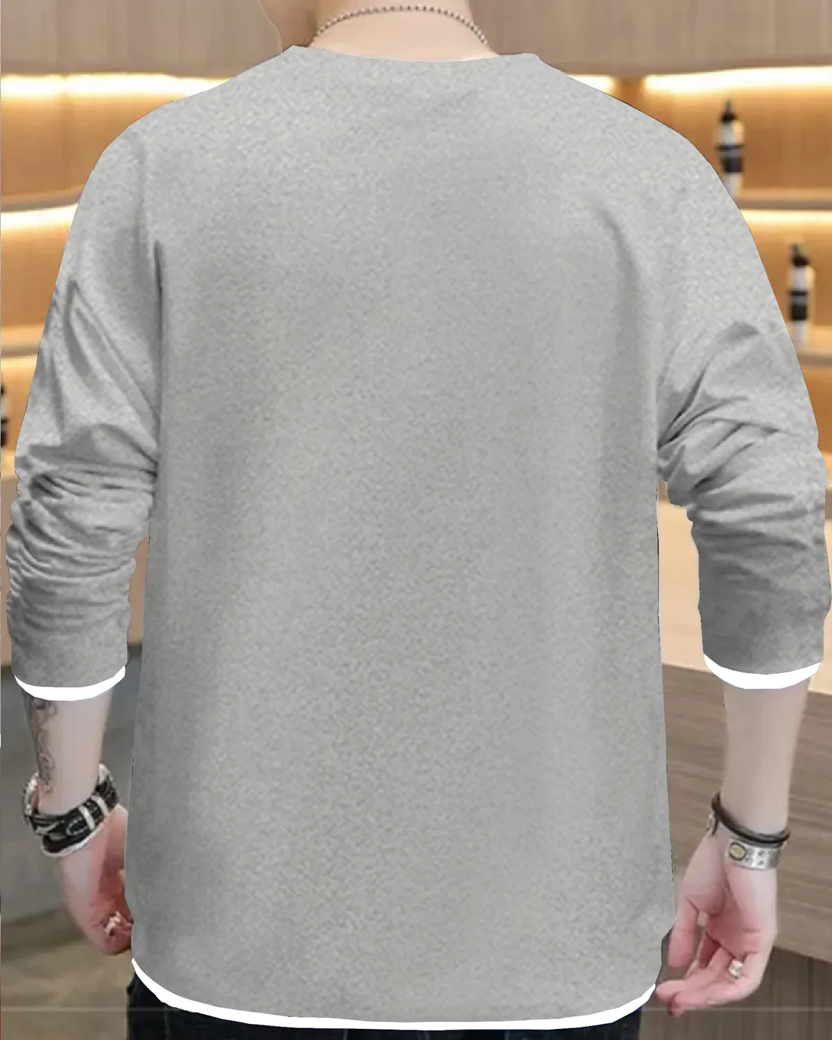 Men Plain Grey Full Sleeve White Piping Round Neck T-Shirt