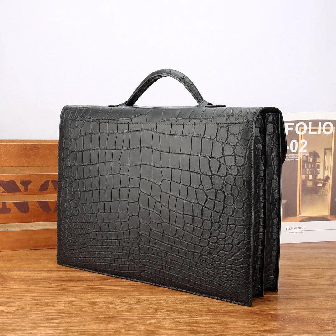 Mens Matt Crocodile Leather Briefcase Black