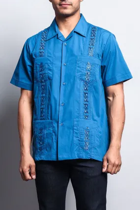 Men's Short Sleeve Cuban Style Guayabera Shirt (Blue)