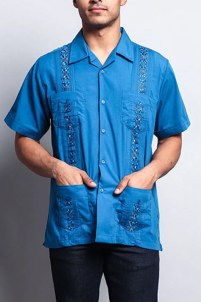 Men's Short Sleeve Cuban Style Guayabera Shirt (Blue)