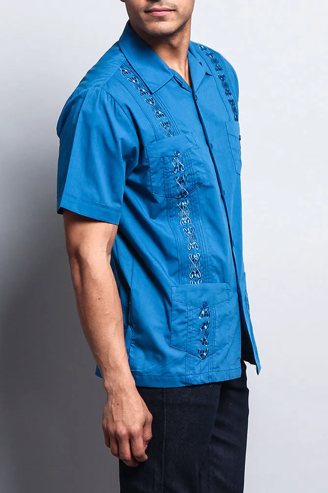 Men's Short Sleeve Cuban Style Guayabera Shirt (Blue)