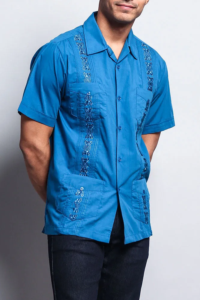 Men's Short Sleeve Cuban Style Guayabera Shirt (Blue)