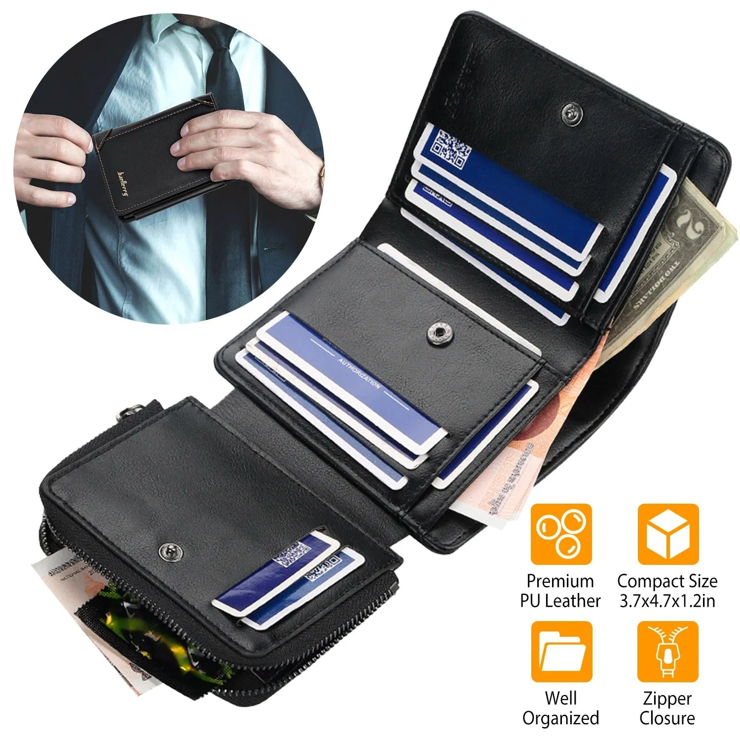 Men's Trifold Clutch Leather Wallet ID Card Holder