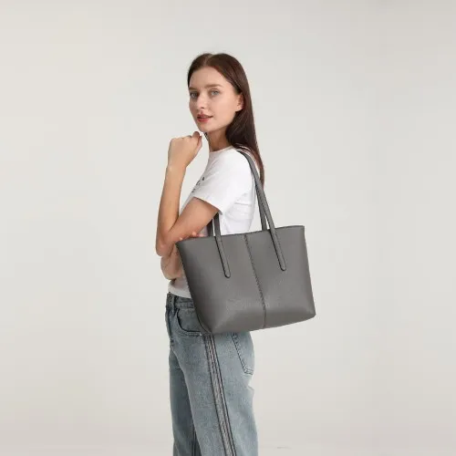 Miss Lulu Leather Look Simple Casual Tote Bag - Grey | Stylish & Durable Tote for Everyday Use