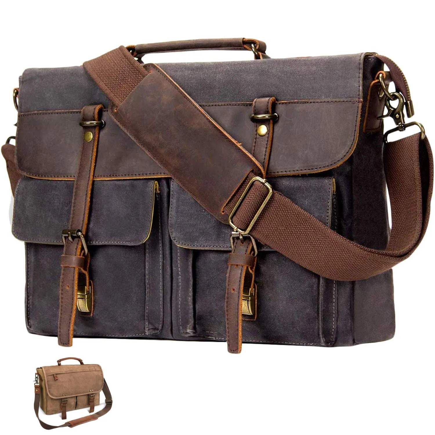 MROYALE™ Vintage Waxed Canvas/Leather 15.6" Laptop Crossbody Messenger Briefcase