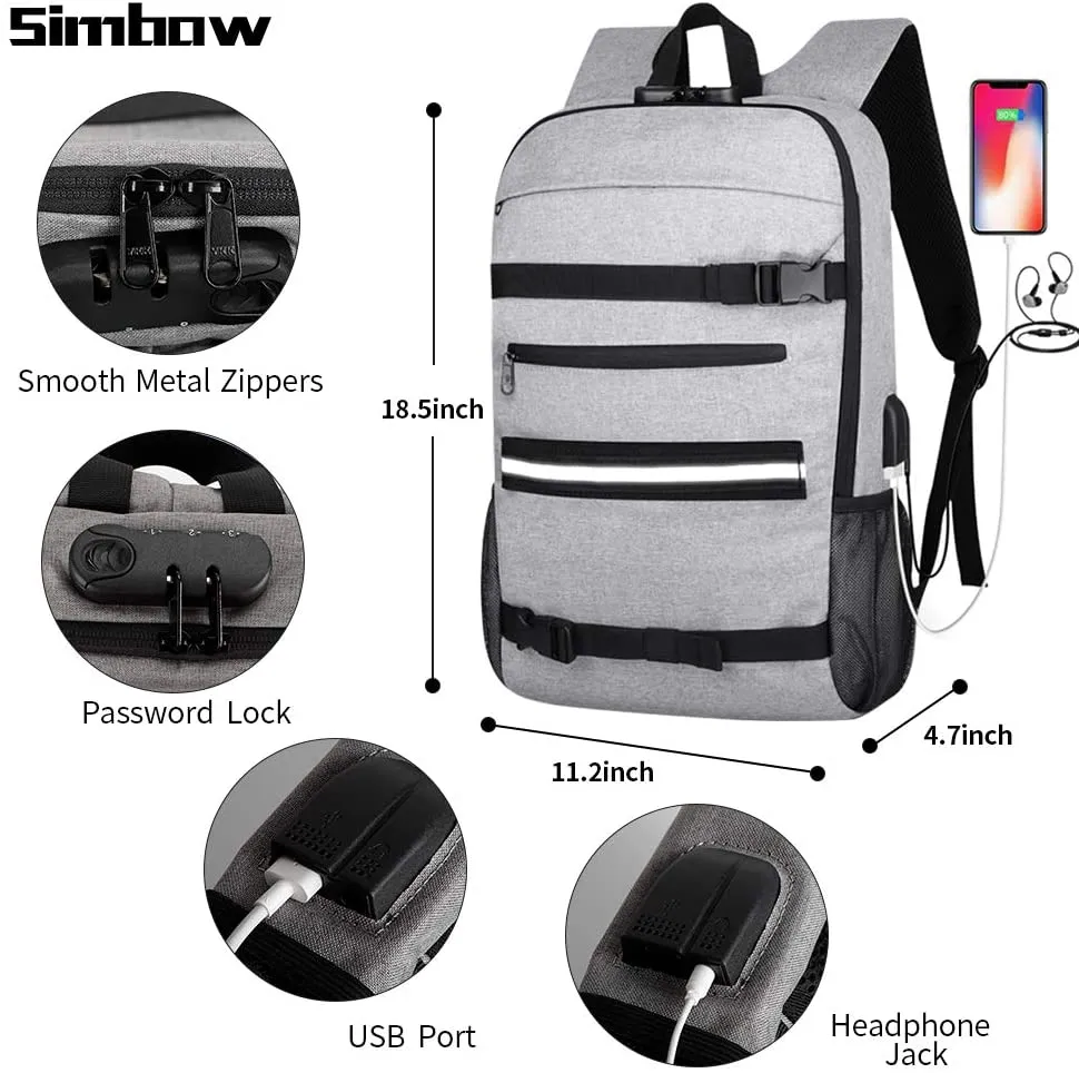 Multi-functional Skateboard Backpack Laptop Rucksack, Water Resistant