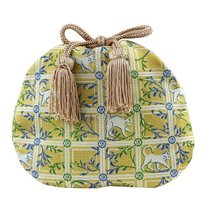 Nishijin-ori Small Drawstring Bag - Cat / Yellow -,  Made in Kyoto, Japan,  Japanese traditional craft purse