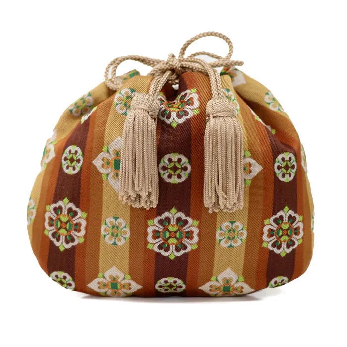 Nishijin-ori Small Drawstring Bag - Flower / Brown -,  Made in Kyoto, Japan,  Japanese traditional craft purse