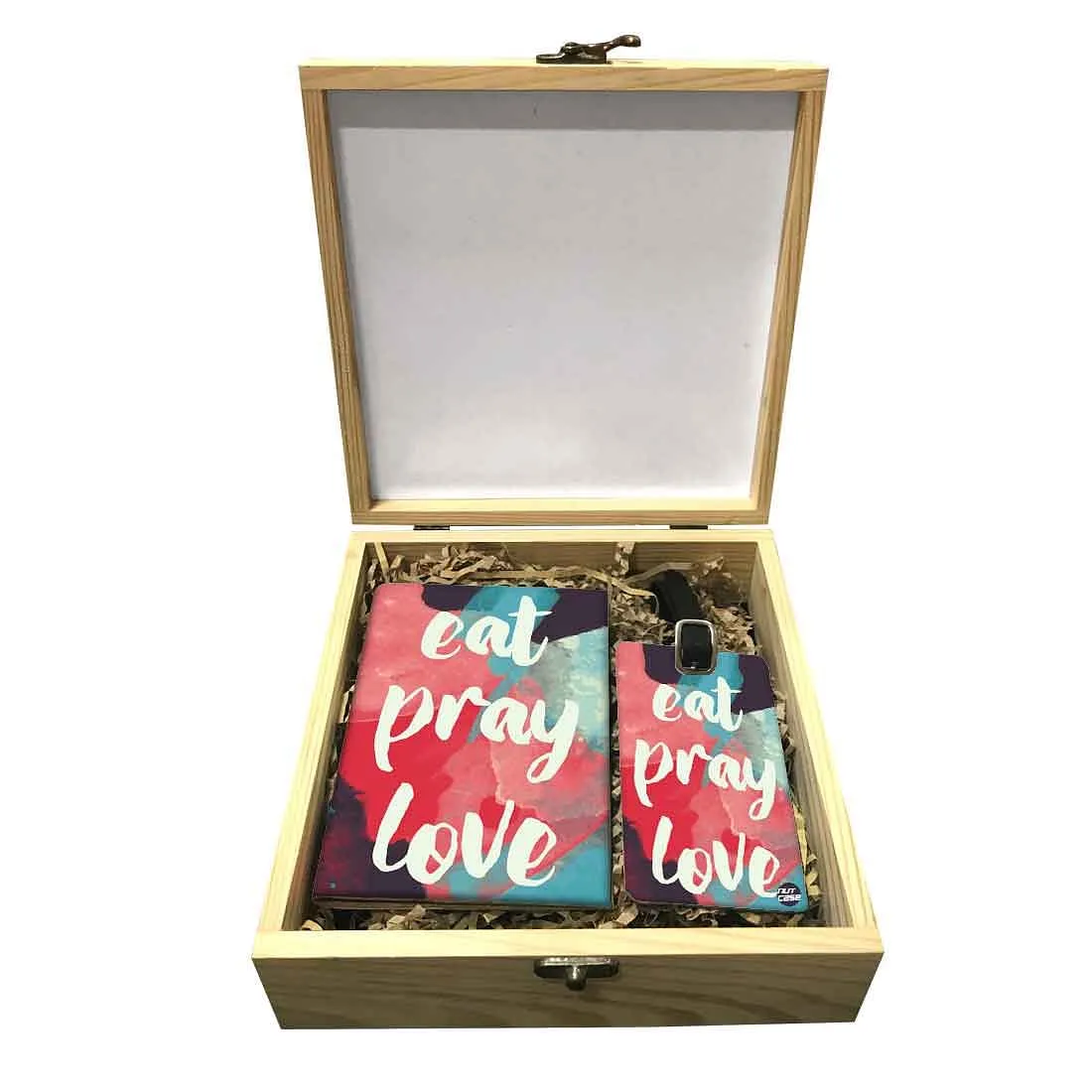 Passport Cover Luggage Tag Wooden Gift Box Set - Eat Pray Love