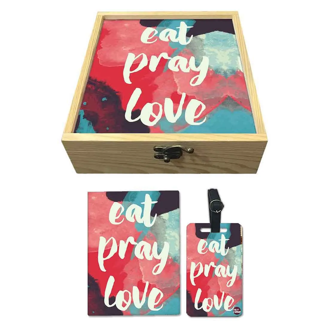 Passport Cover Luggage Tag Wooden Gift Box Set - Eat Pray Love