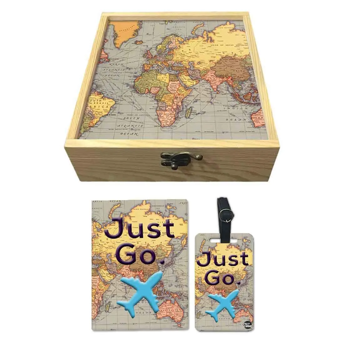 Passport Cover Luggage Tag Wooden Gift Box Set - Just Go