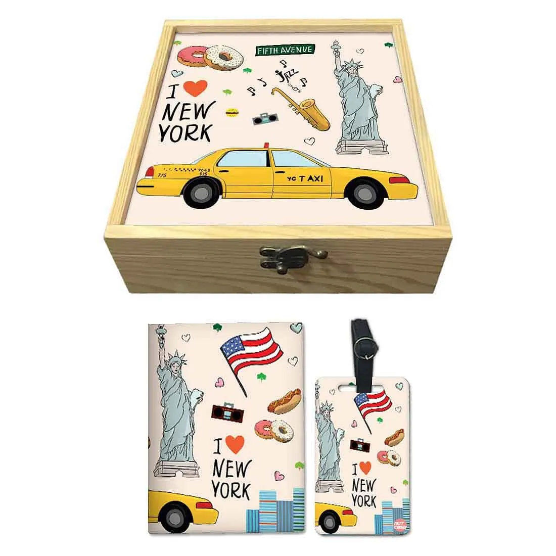 Passport Cover Luggage Tag Wooden Gift Box Set - New York City