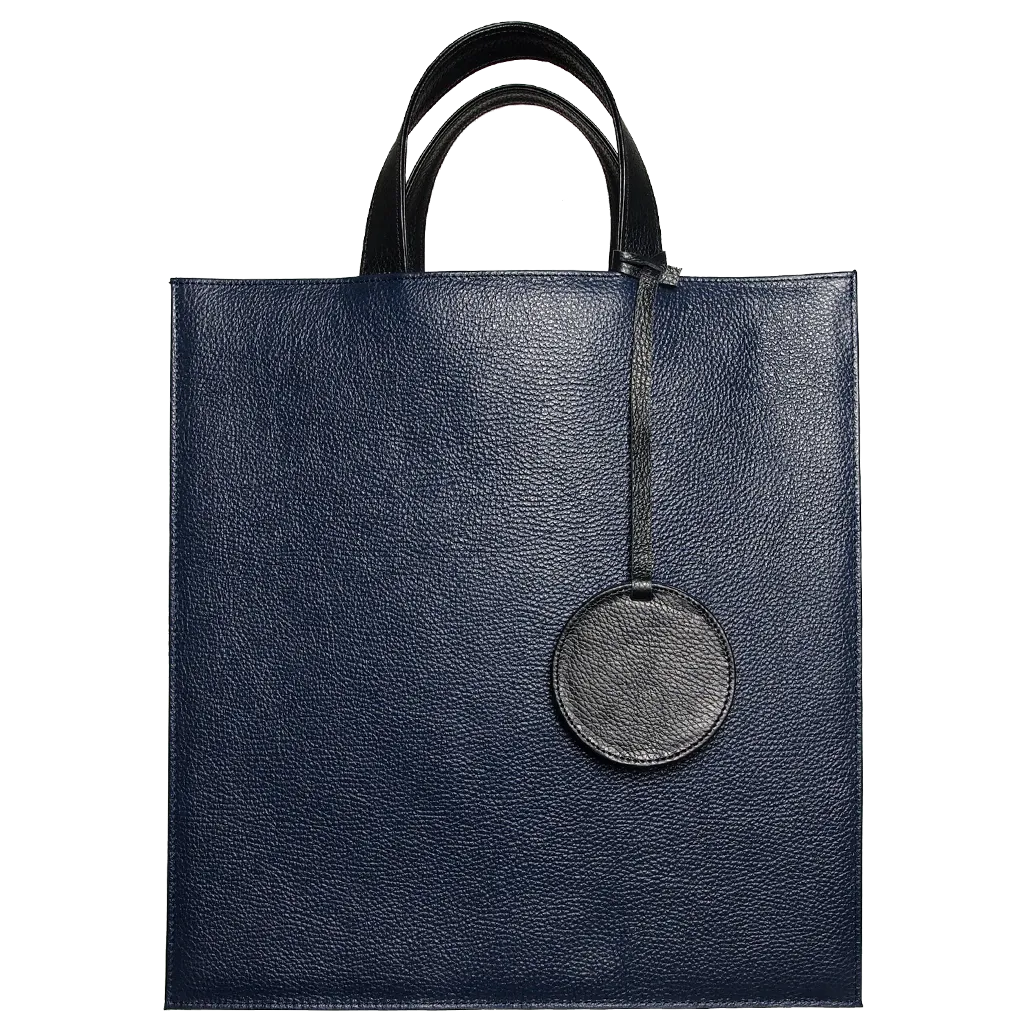 Pebbled Leather Briefcase Tote Bag Navy