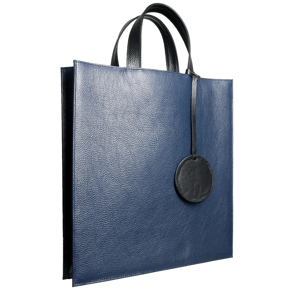 Pebbled Leather Briefcase Tote Bag Navy