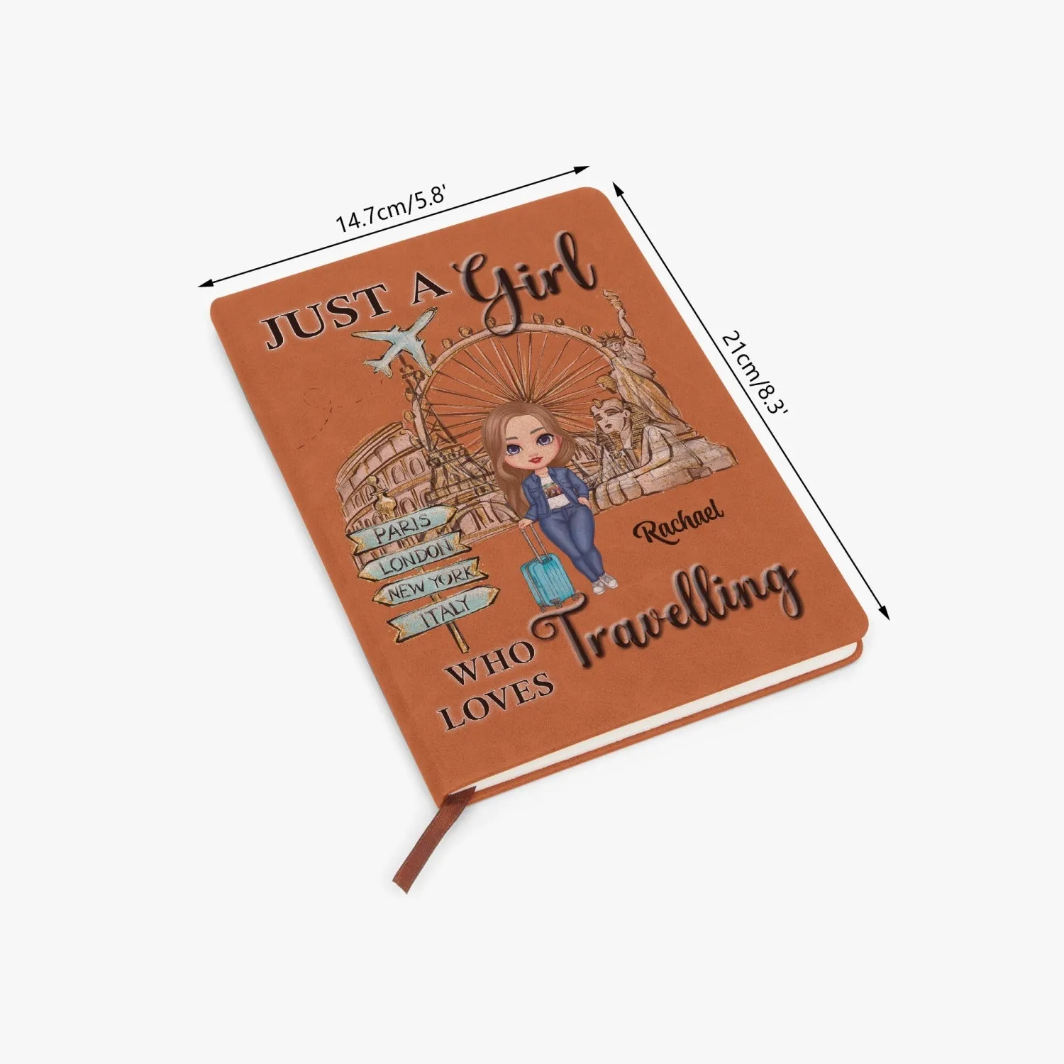 Personalised PU Leather Journal Notebook, Just a Girl who loves Travelling, Brunette Hair