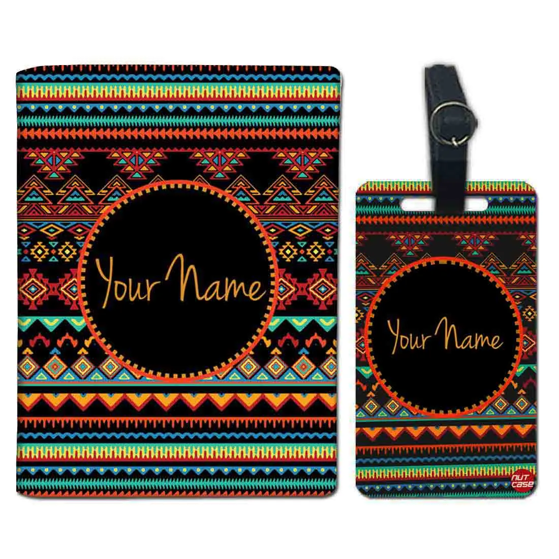 Personalized Passport Cover Baggage Tag Set - Vintage Aztec Pattern