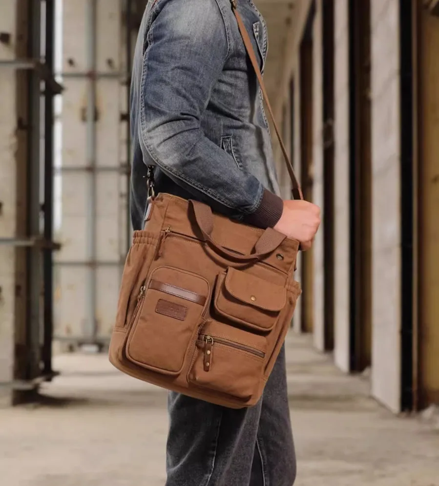 Postman bag, men's laptop bag, multifunctional briefcase, business shoulder bag, canvas crossbody, large capacity backpack