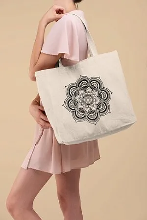 Premium Cotton Canvas Tote Bag- Mandala White