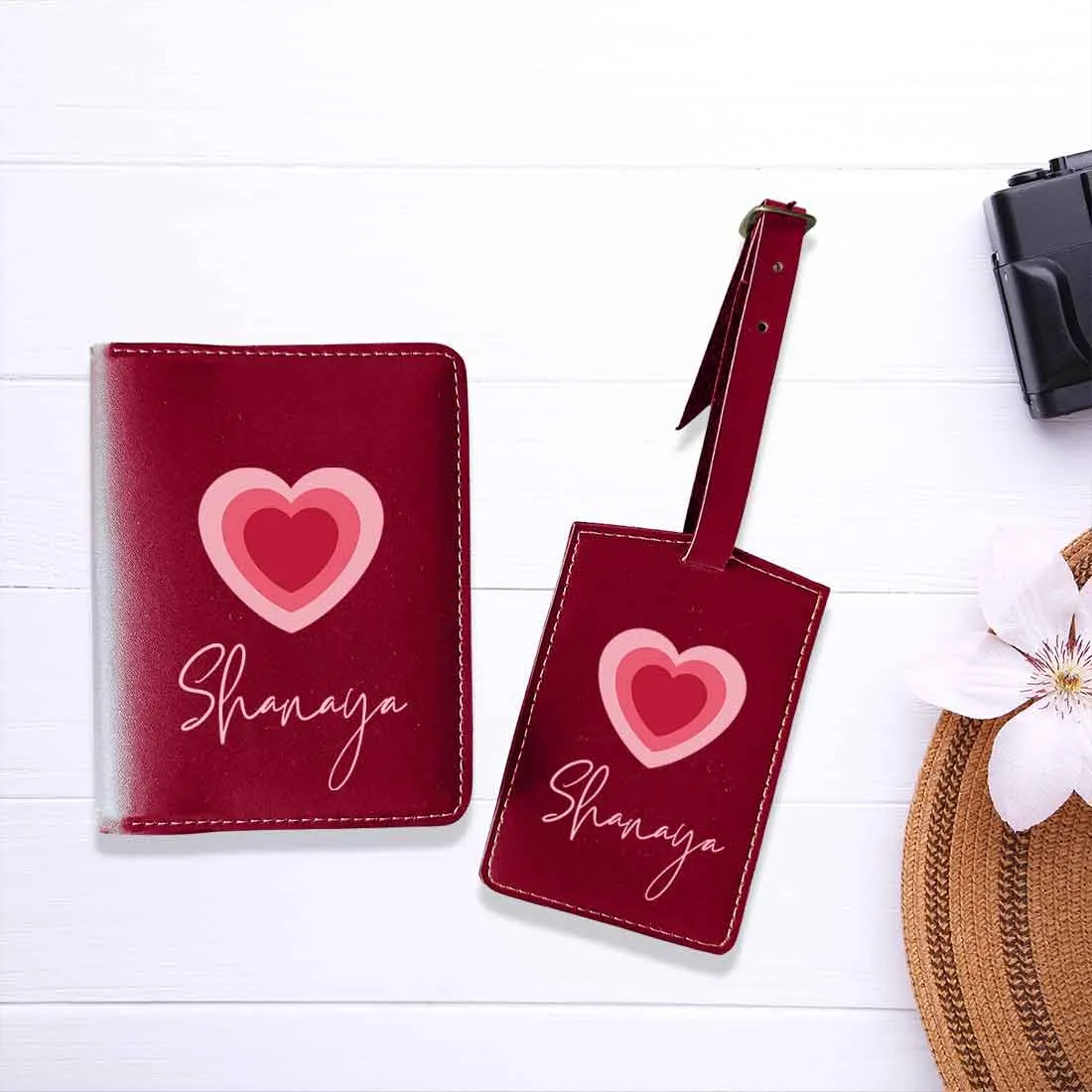 Pu Leather Personalized Passport Cover and Luggage Tag - Heart