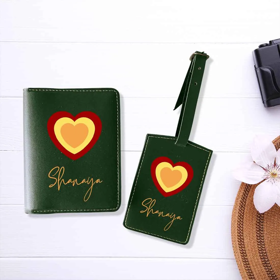 Pu Leather Personalized Passport Cover and Luggage Tag - Heart