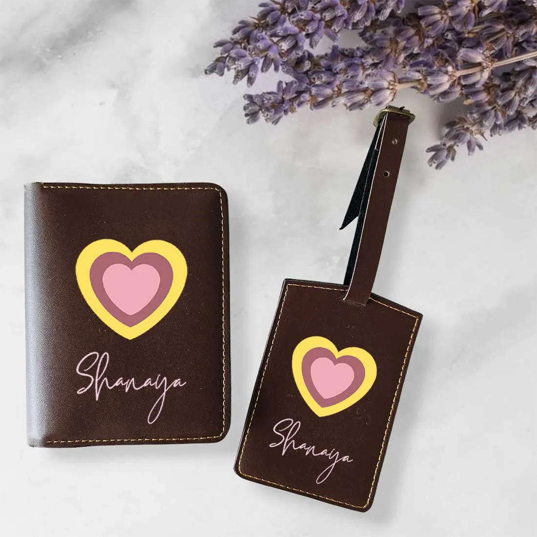 Pu Leather Personalized Passport Cover and Luggage Tag - Heart