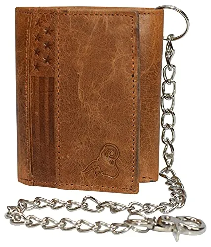 RFID Blocking Leather Chain Trifold with ID Window and Credit Card Pockets USA Series