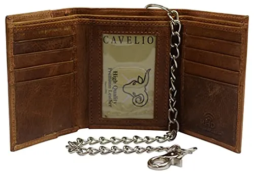 RFID Blocking Leather Chain Trifold with ID Window and Credit Card Pockets USA Series