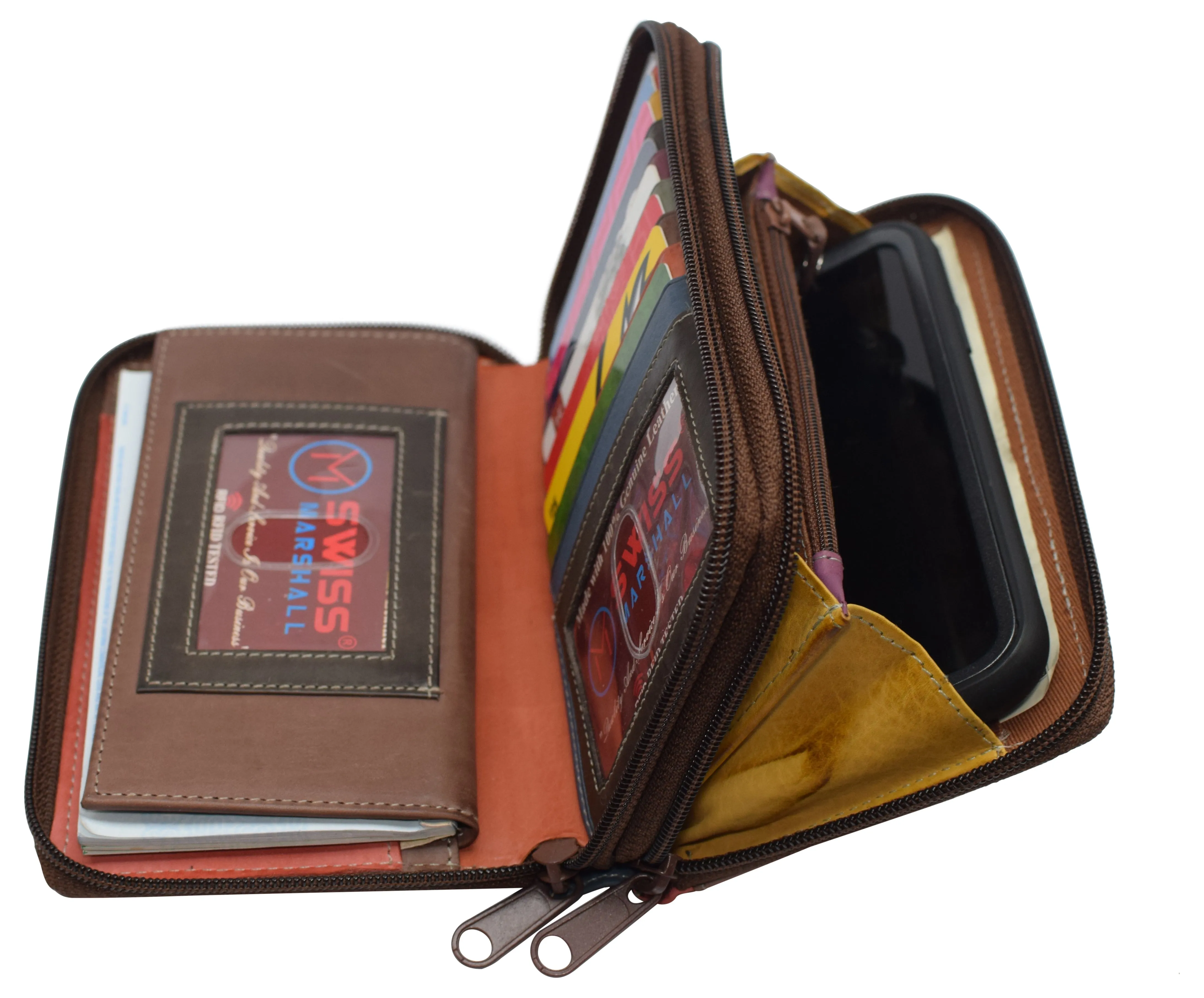 RFID59L4575 Women's RFID Blocking Double Zipper Smartphone Leather Wallet with Removable Checkbook Holder