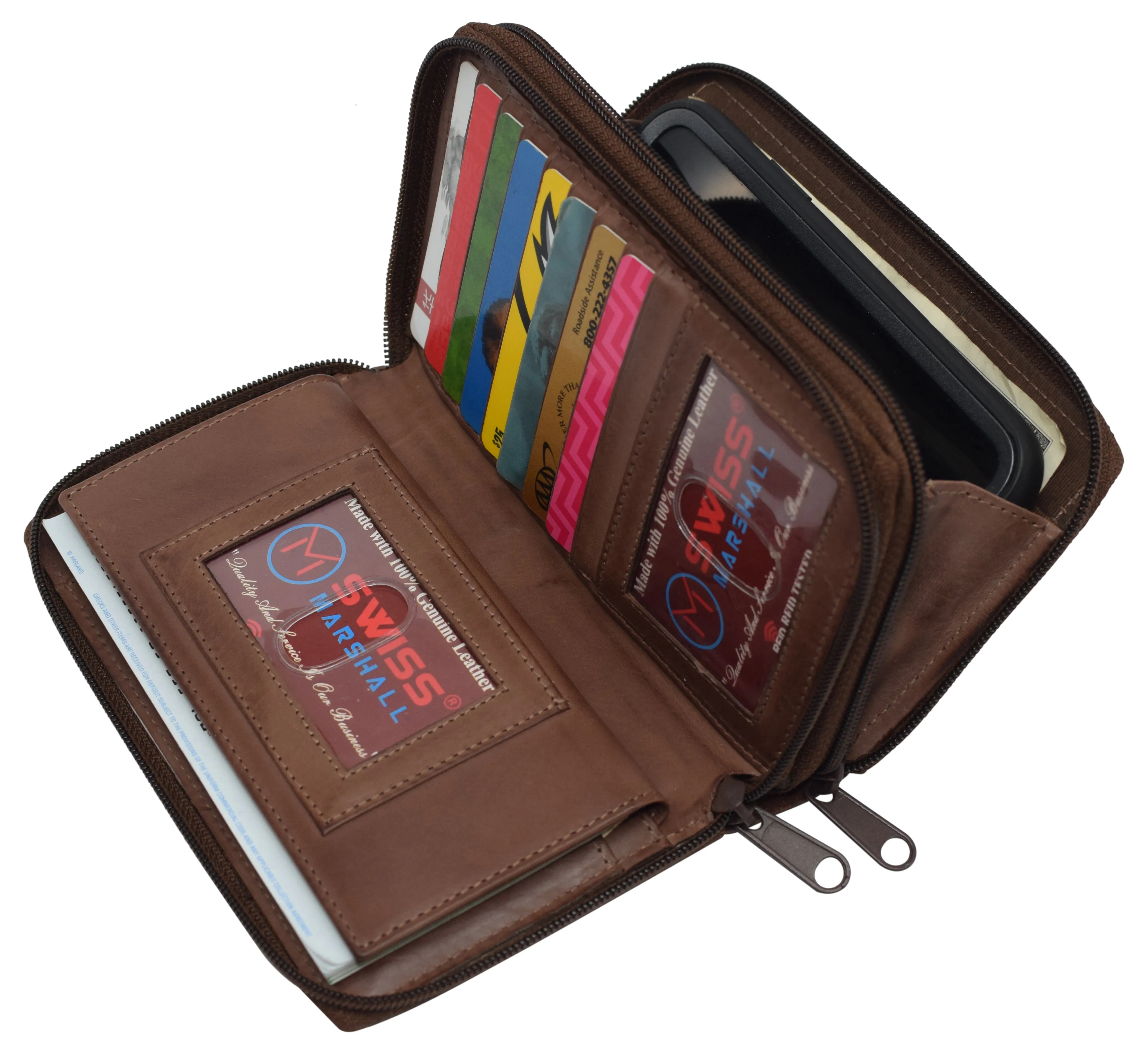 RFID59L4575 Women's RFID Blocking Double Zipper Smartphone Leather Wallet with Removable Checkbook Holder