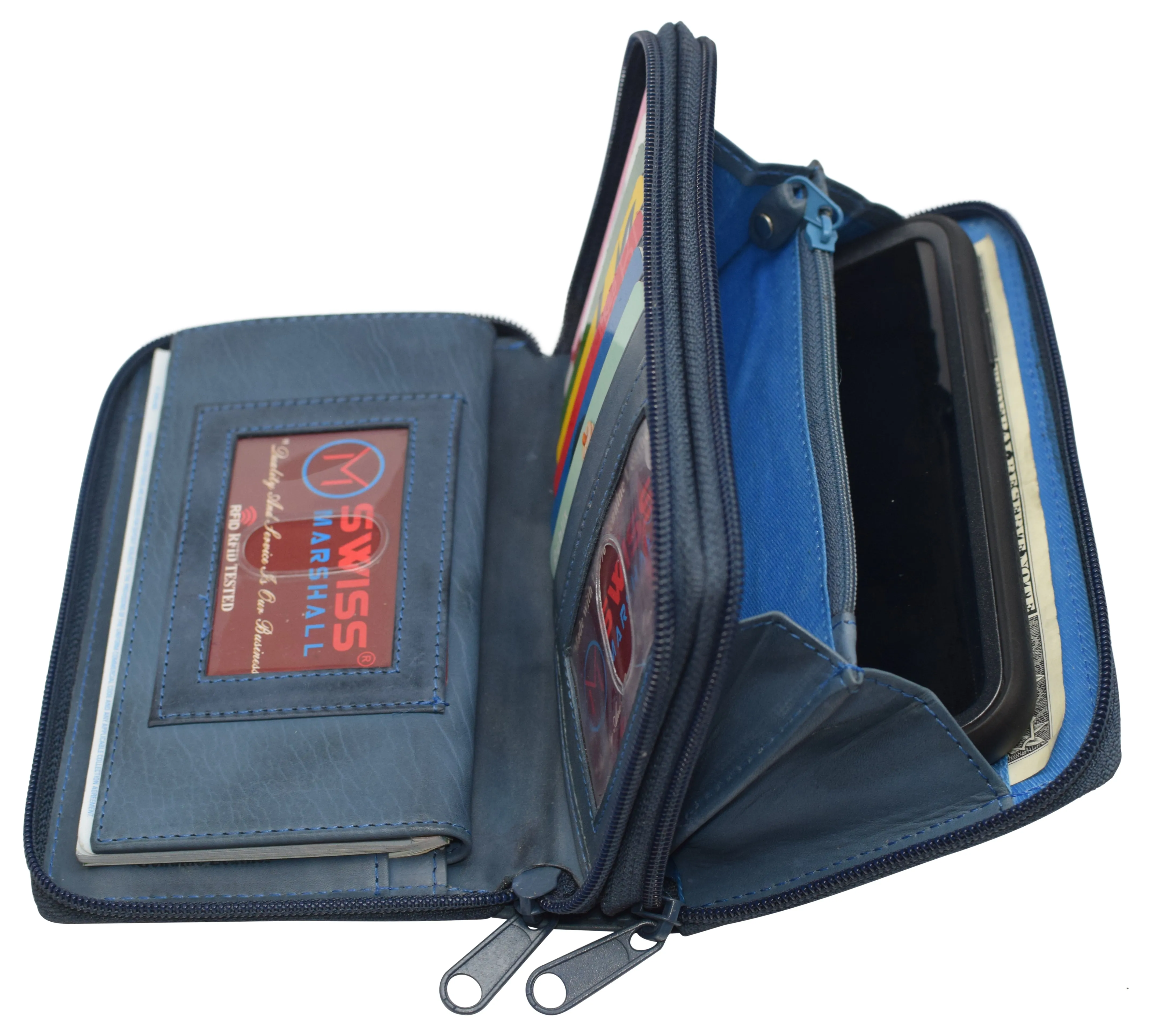 RFID59L4575 Women's RFID Blocking Double Zipper Smartphone Leather Wallet with Removable Checkbook Holder