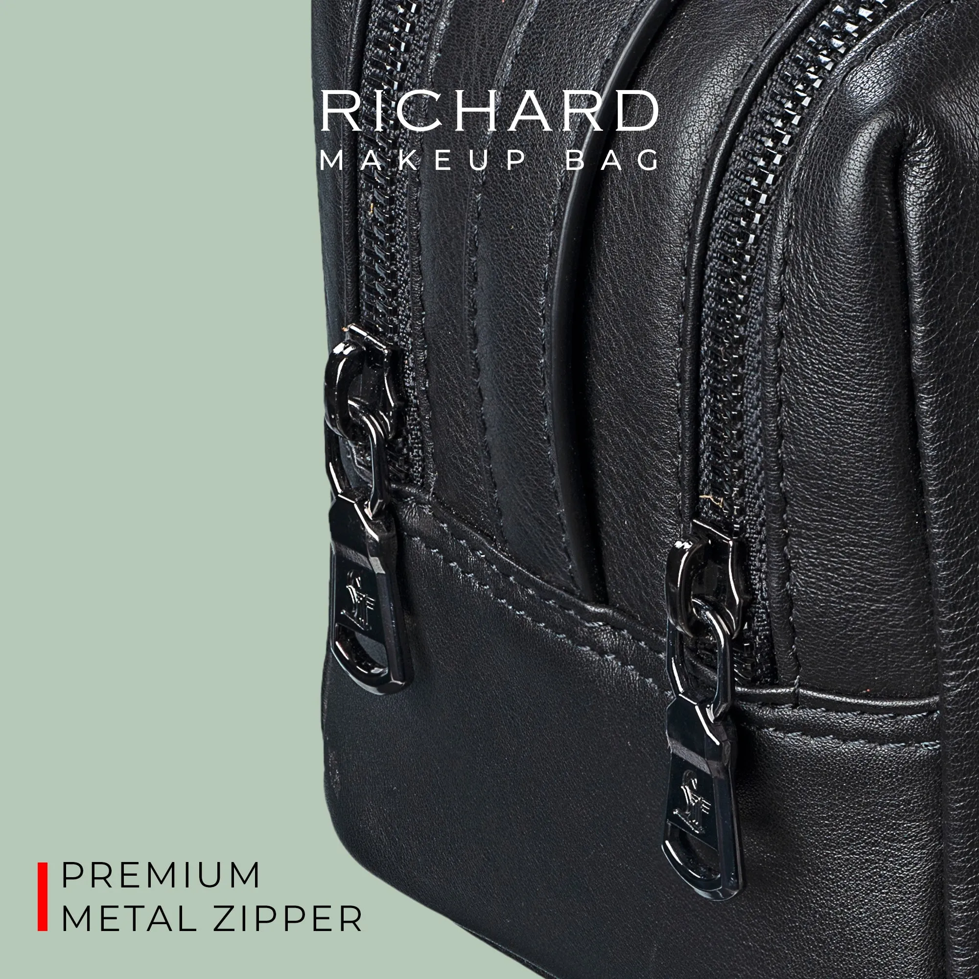 Richard's Genuine Leather Makeup Bag for Women | Makeup Organizer Bag | Cosmetic bag for Travel | color: Black