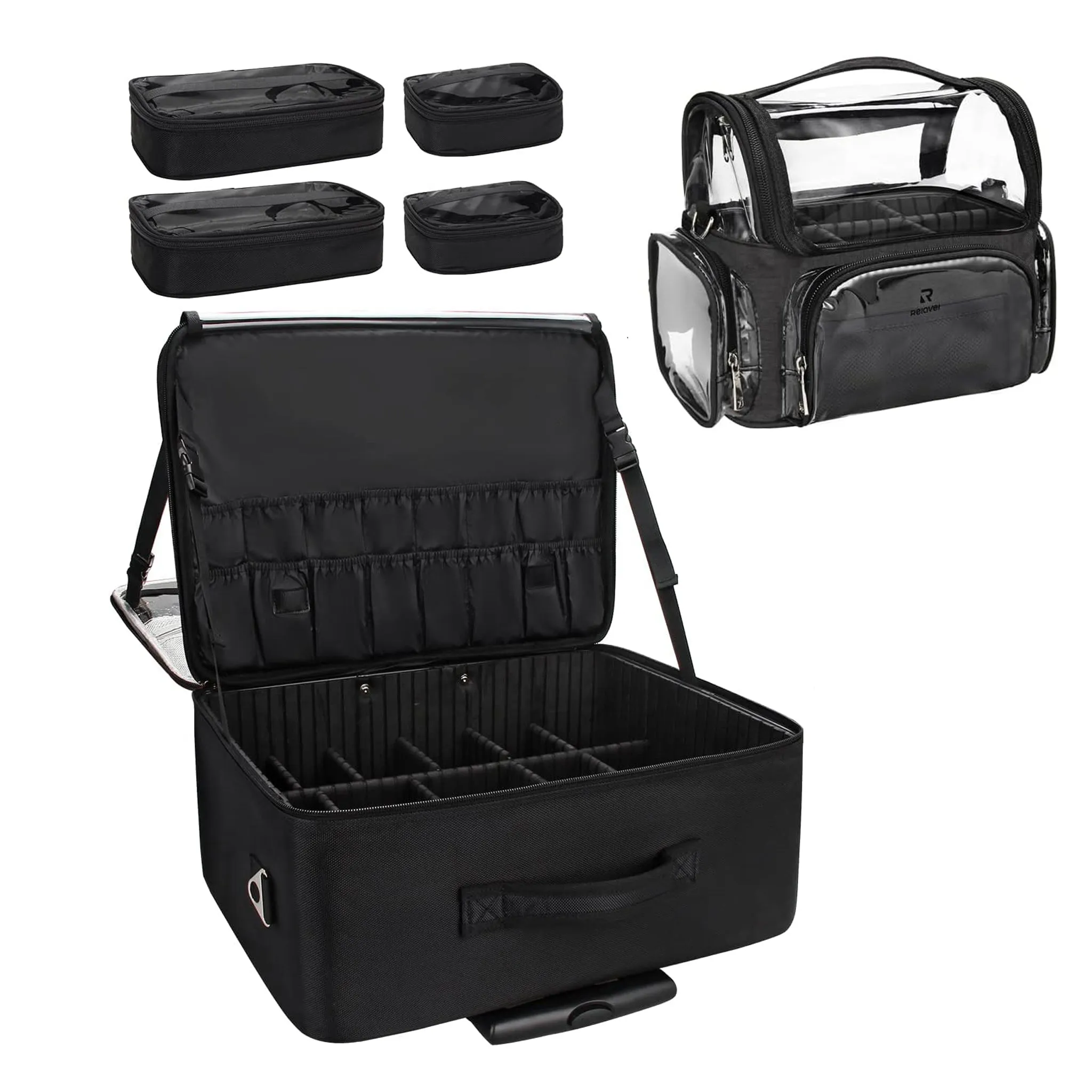 Rolling Extra Large 3-Layer Makeup Train Case with Adjustable Divider (Black)