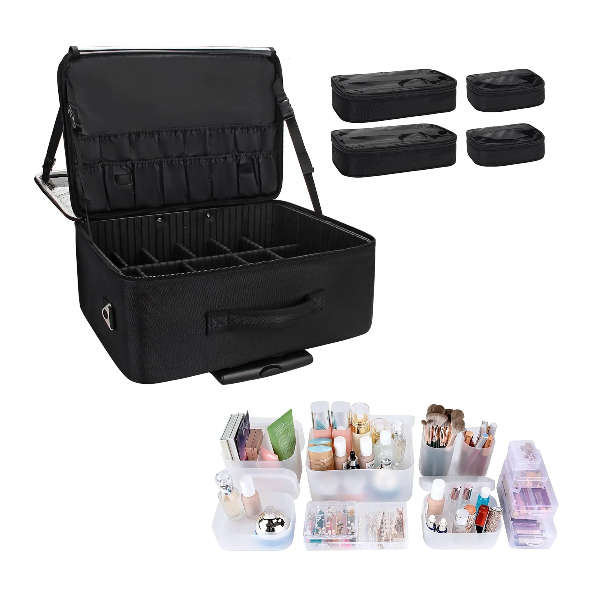 Rolling Extra Large 3-Layer Makeup Train Case with Adjustable Divider (Black)