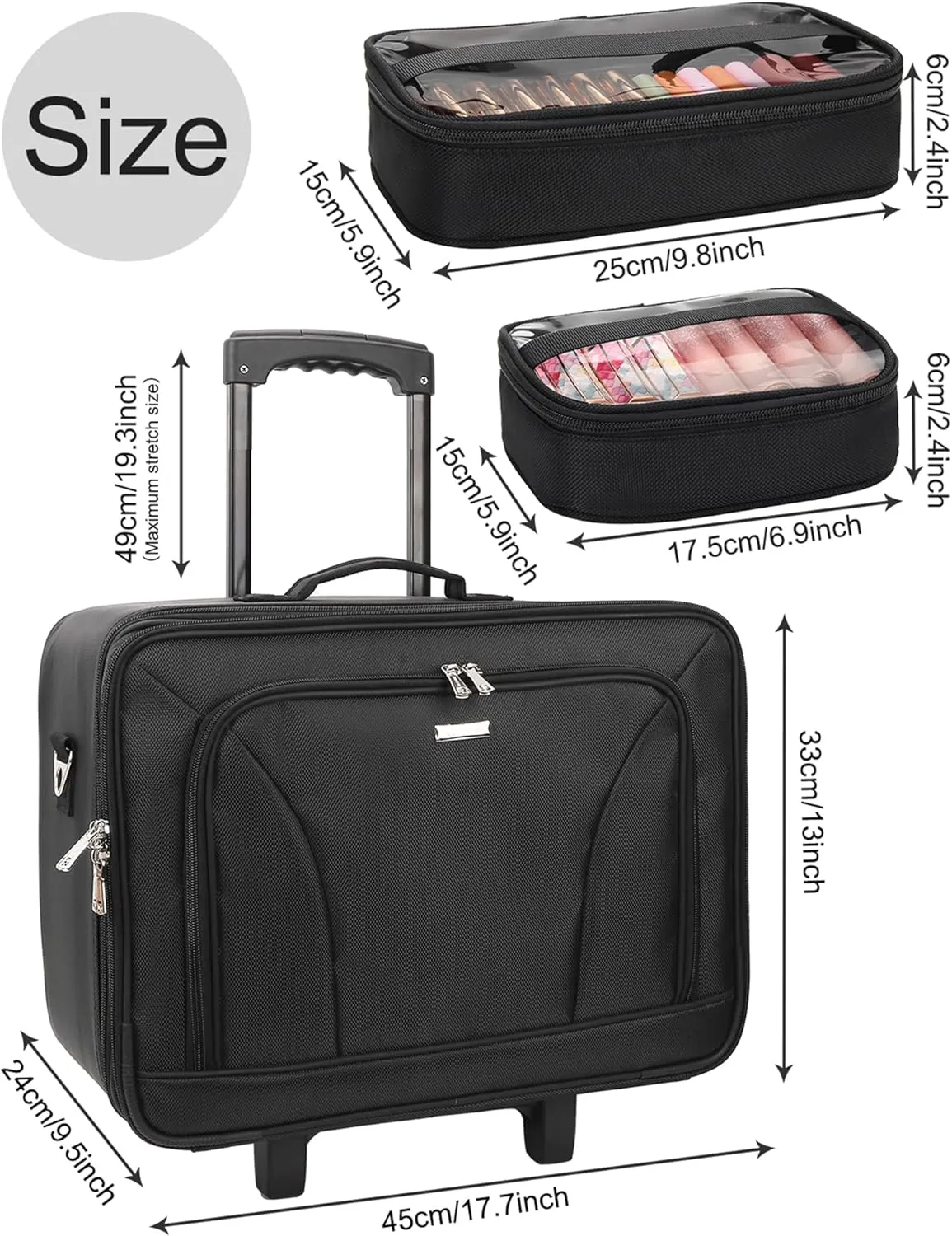 Rolling Extra Large 3-Layer Makeup Train Case with Adjustable Divider (Black)