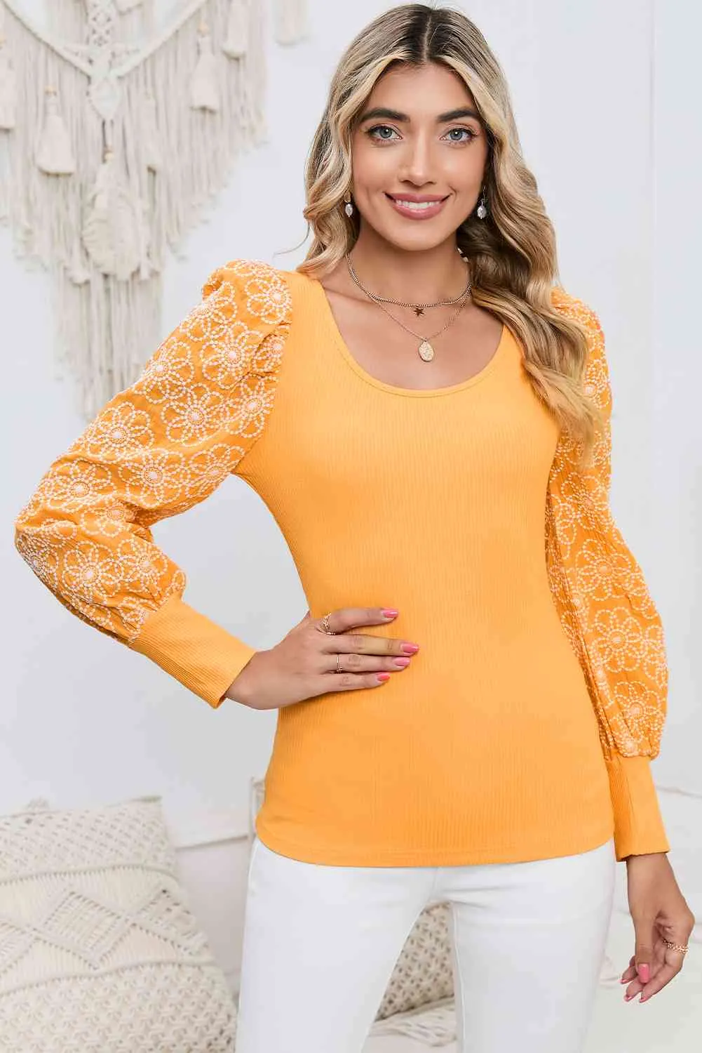 Round Neck Puff Floral Sleeve Blouse