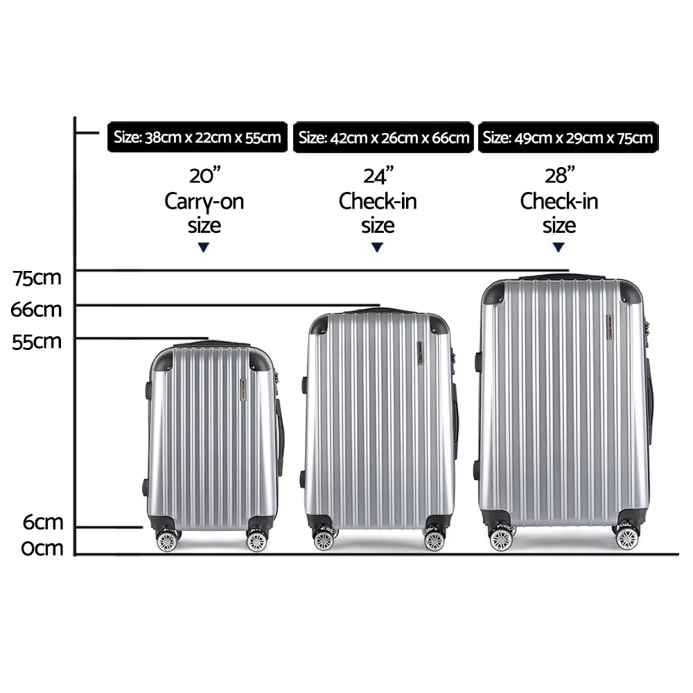 Set of 3 Luggage Sets Trolley Travel Suitcases TSA Hard Case Silver