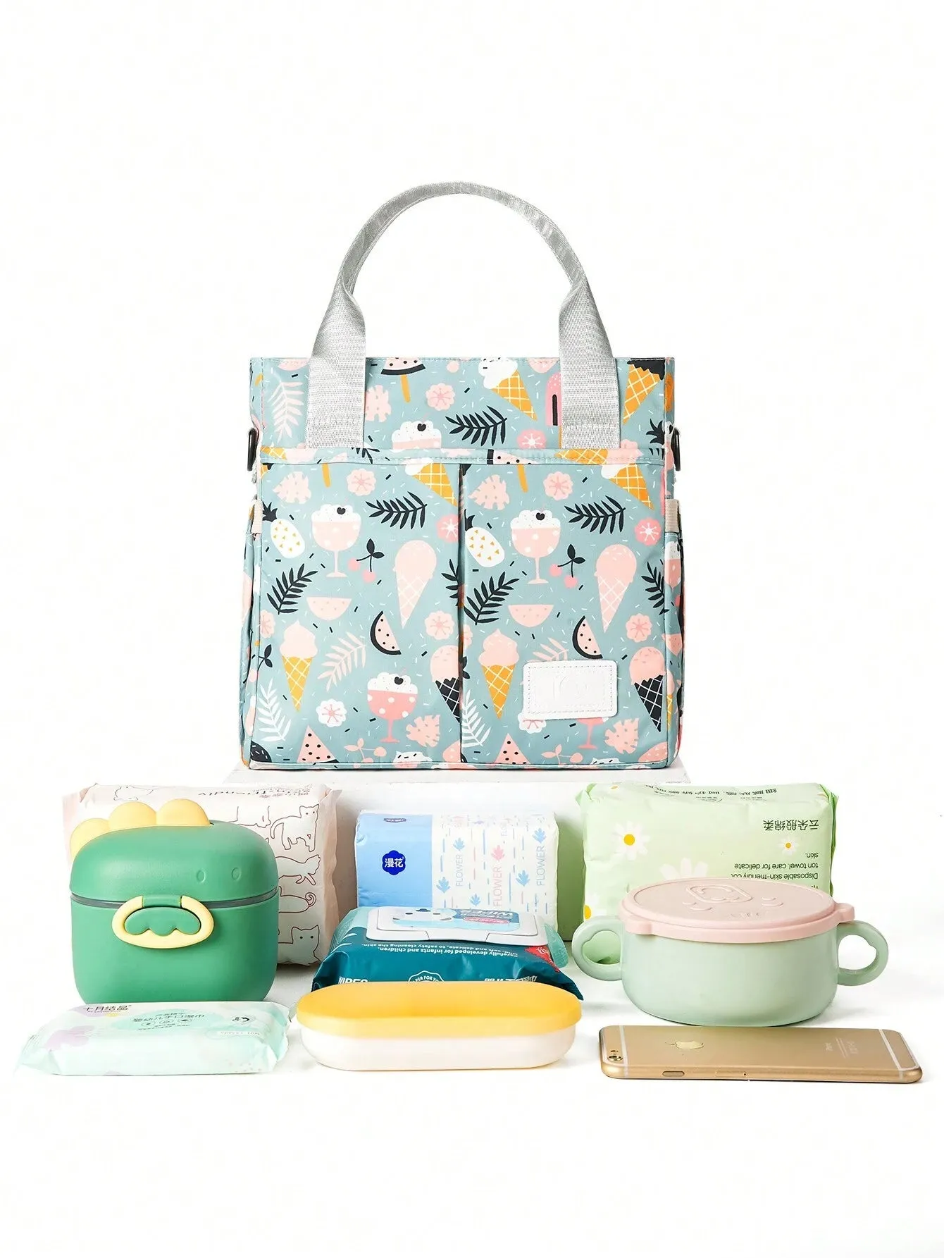 SHEIN Large Capacity Printed Maternal And Child Bag, Handheld Baby Diaper Bag, Single Shoulder Crossbody Mommy Milk Bottle Bag