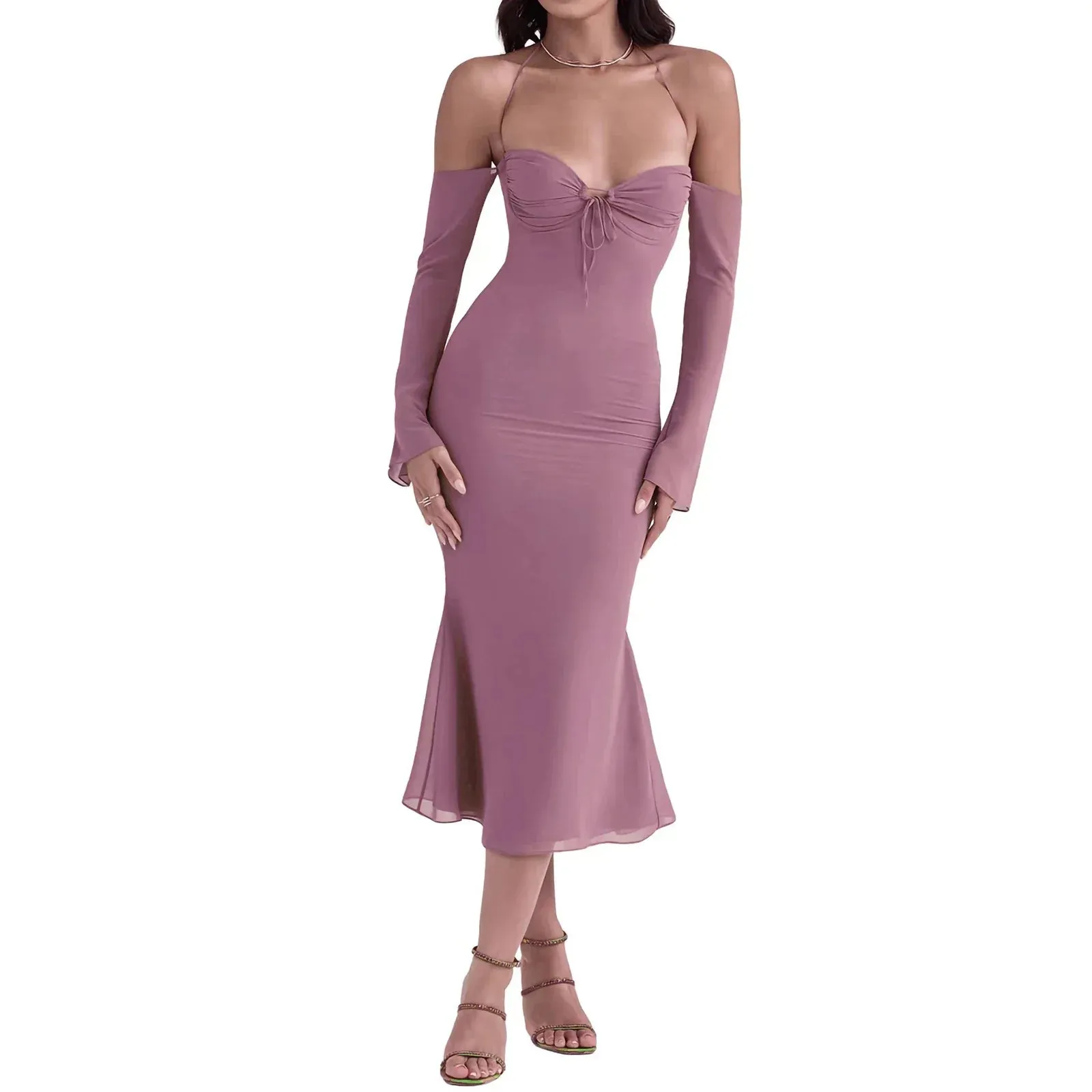 Sleeve Bodycon Halter Sexy Hollow Out Tie Up Summer Night Club Party Y2k Midi Casual Long Dress