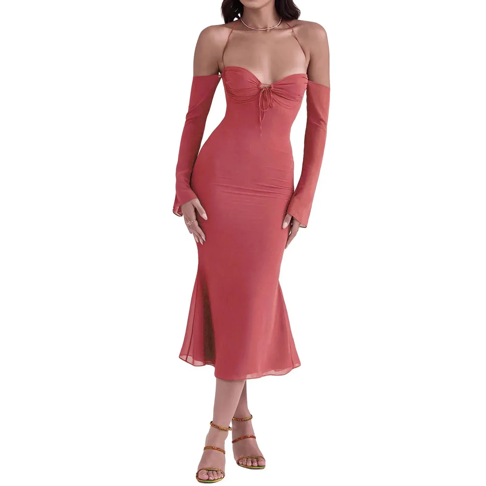 Sleeve Bodycon Halter Sexy Hollow Out Tie Up Summer Night Club Party Y2k Midi Casual Long Dress