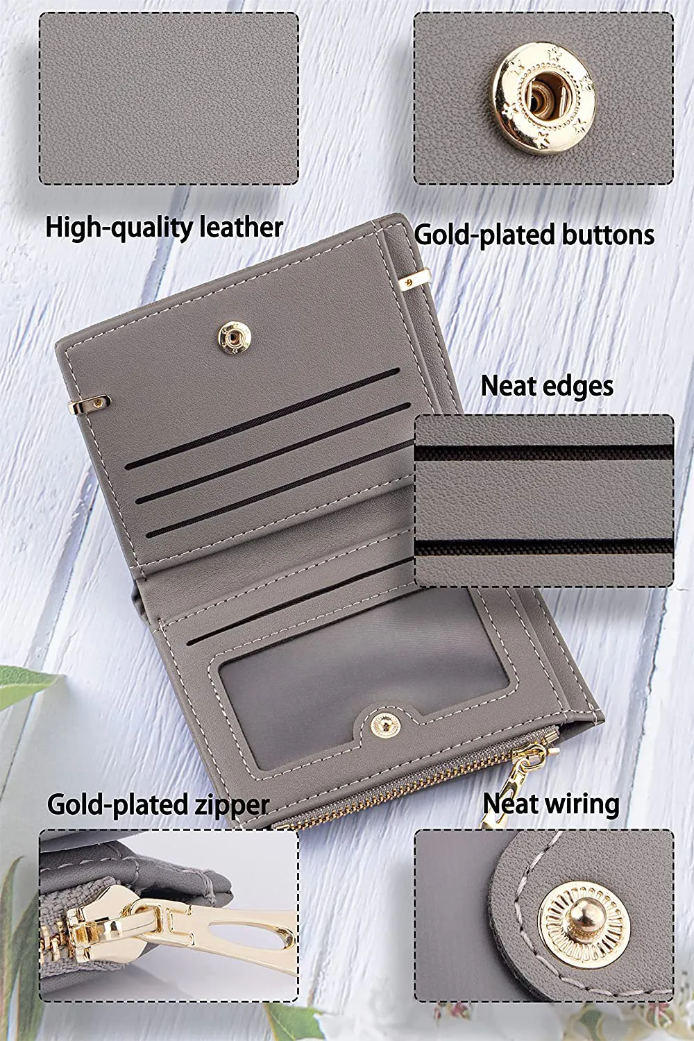 Small Wallets for Women Bifold Leather Short Wallet Lady Mini Purse Card Case Holder with ID Window (A-Gray)