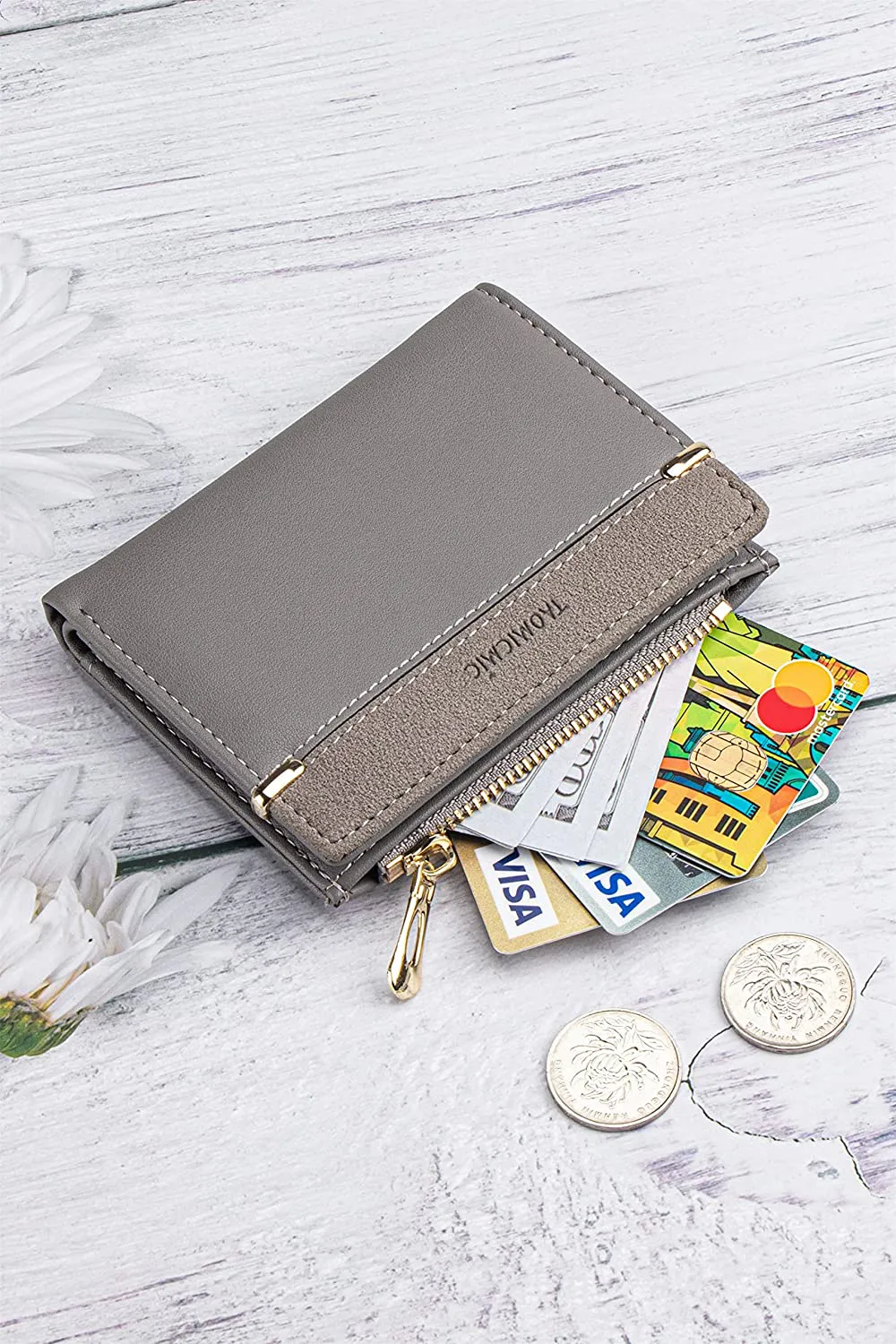 Small Wallets for Women Bifold Leather Short Wallet Lady Mini Purse Card Case Holder with ID Window (A-Gray)