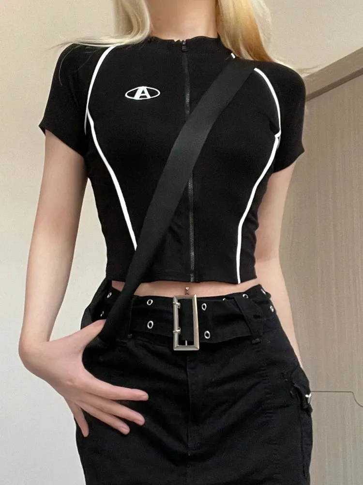 Streetwear Stripe Stitched Zipper Female T-shirts Embroidery Crop Top Bodycon Casual Moto&Biker Summer Tee Shirt Y2K