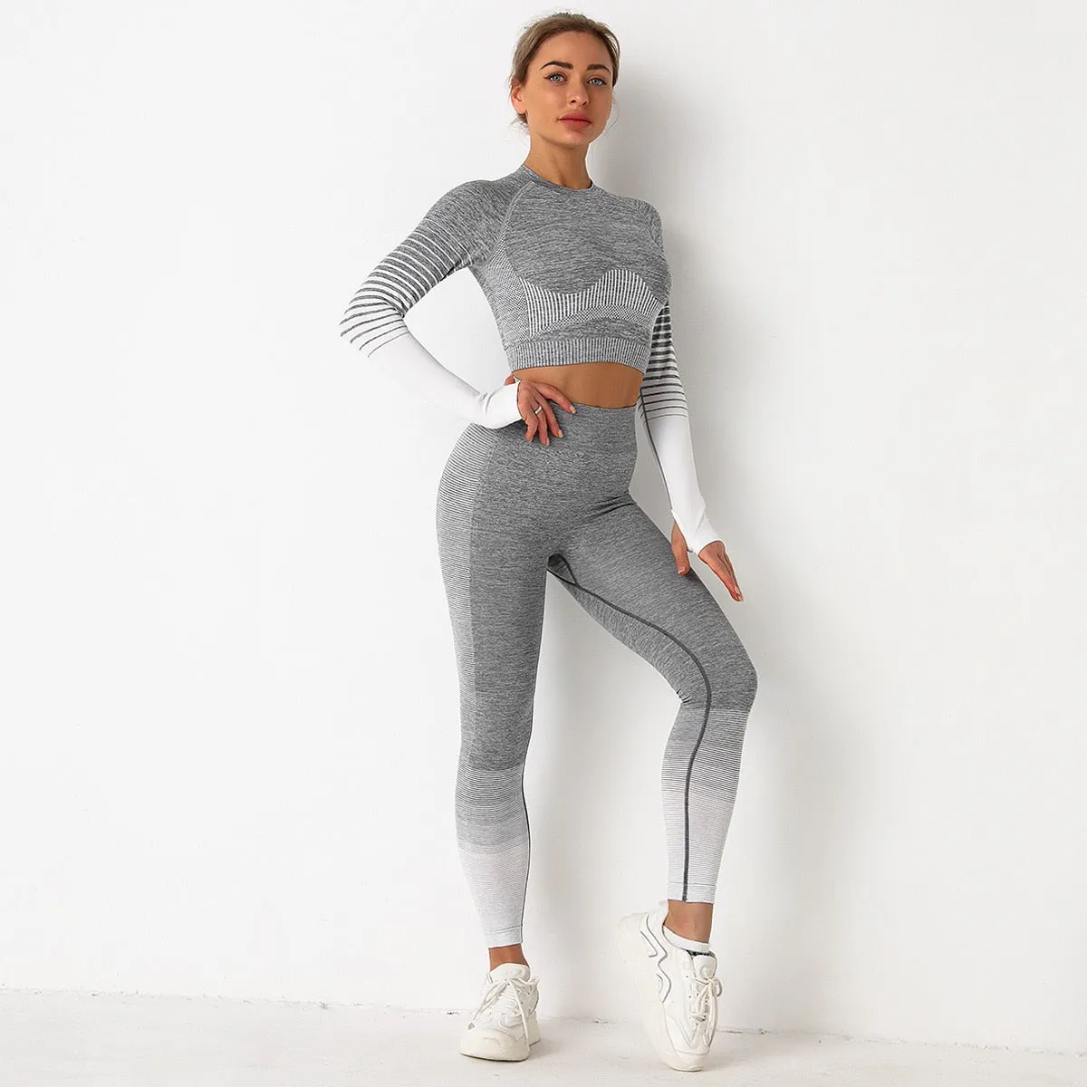 Striped Women's Yoga Sets Anti-Shrink Long-sleeved Sports Top Sexy Hip Lift Buttocks Tight Leggings Gradient Color Suits