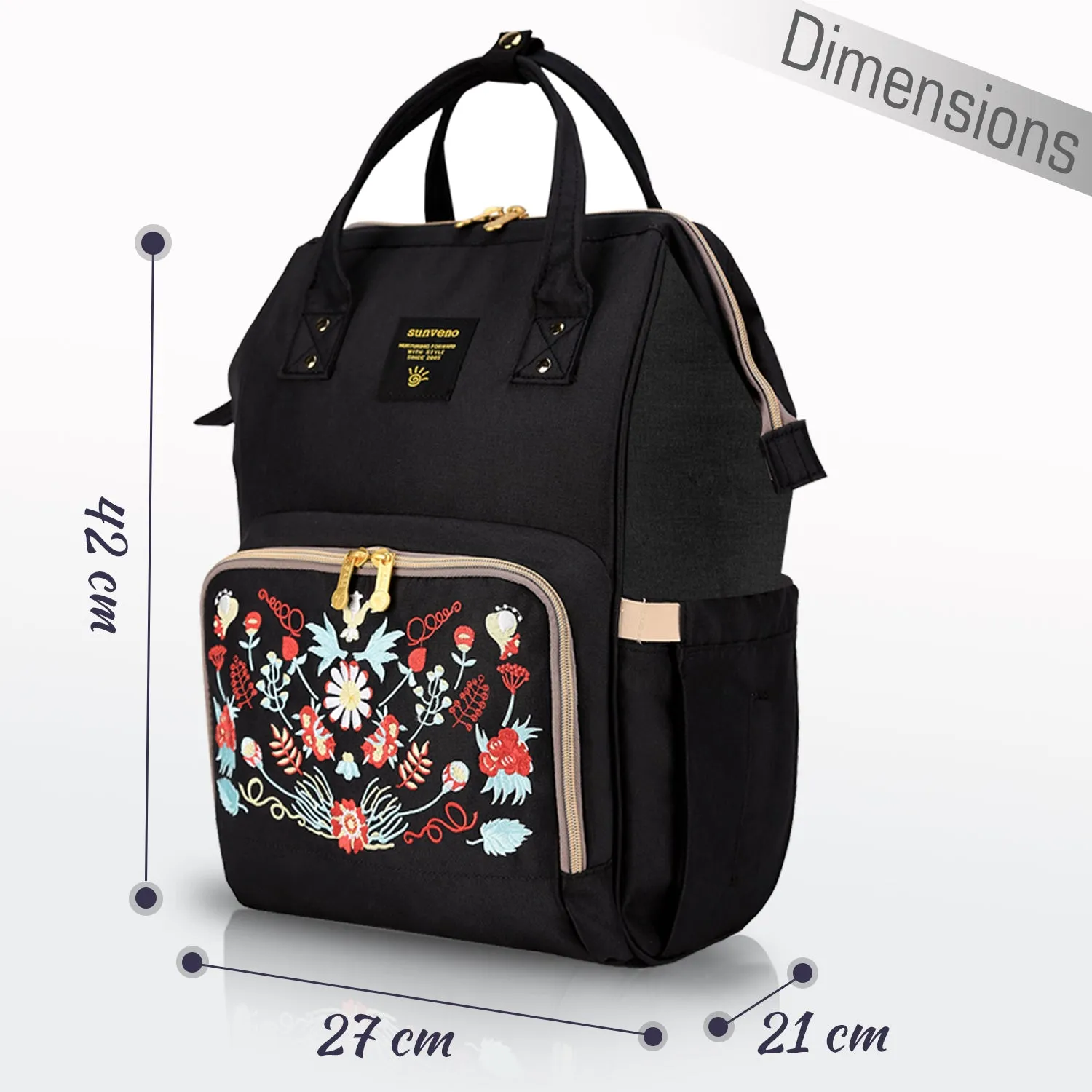 Sunveno Diaper Bag with Changing Mat (Black Embroidery)