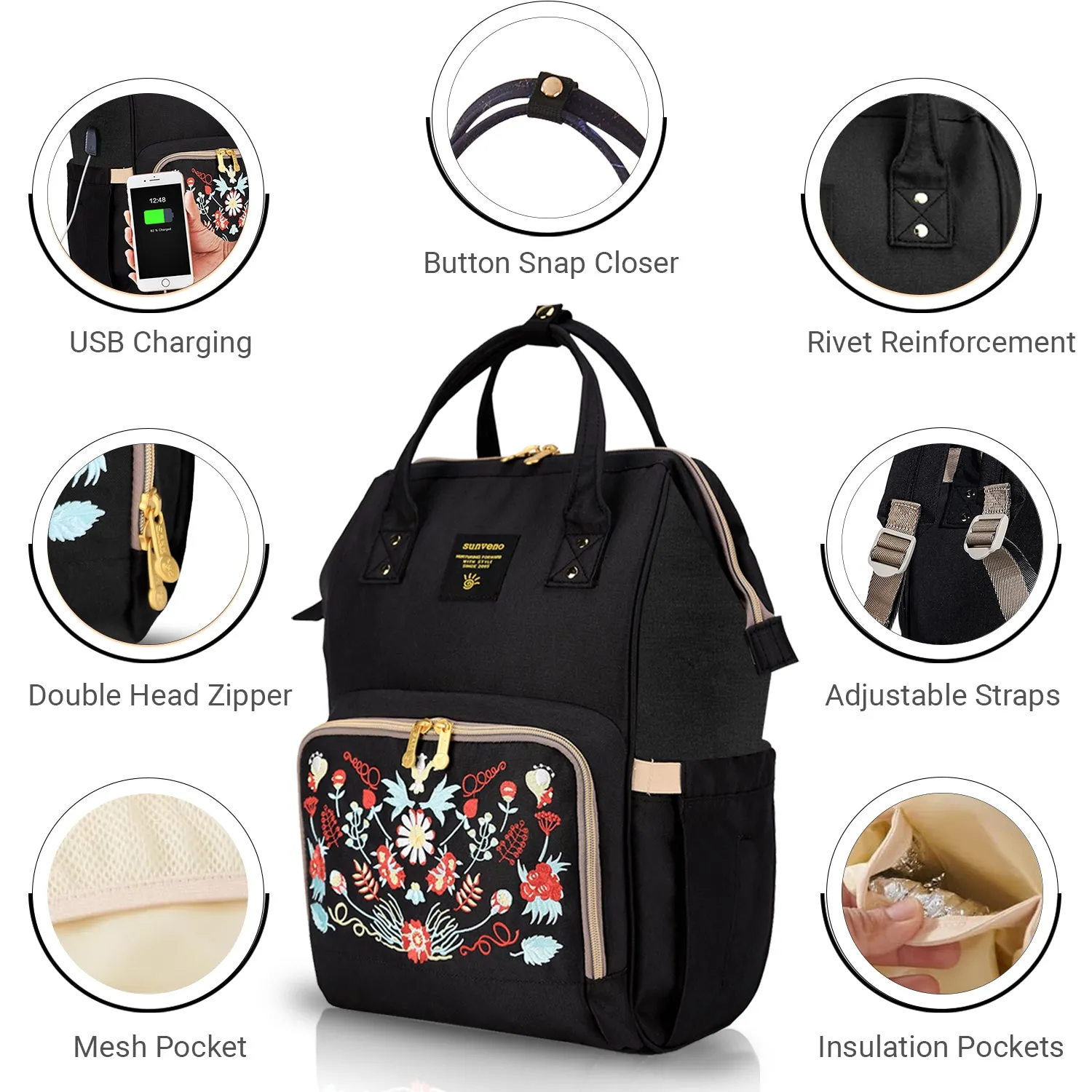 Sunveno Diaper Bag with Changing Mat (Black Embroidery)